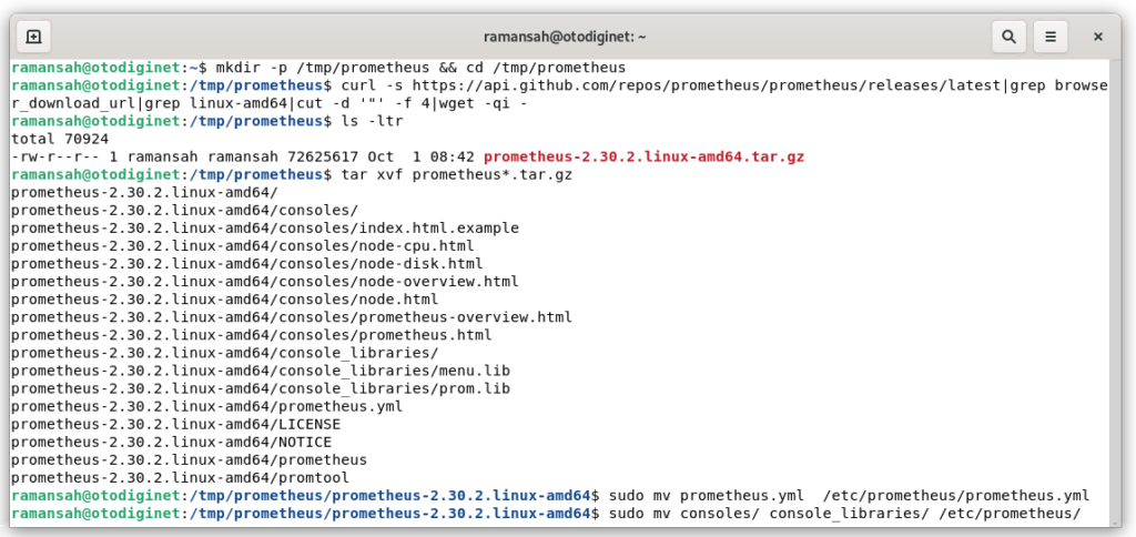 upload and extract Prometheus archive