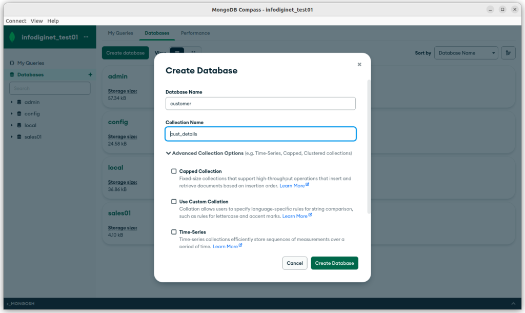creat database in MongoDB Compass