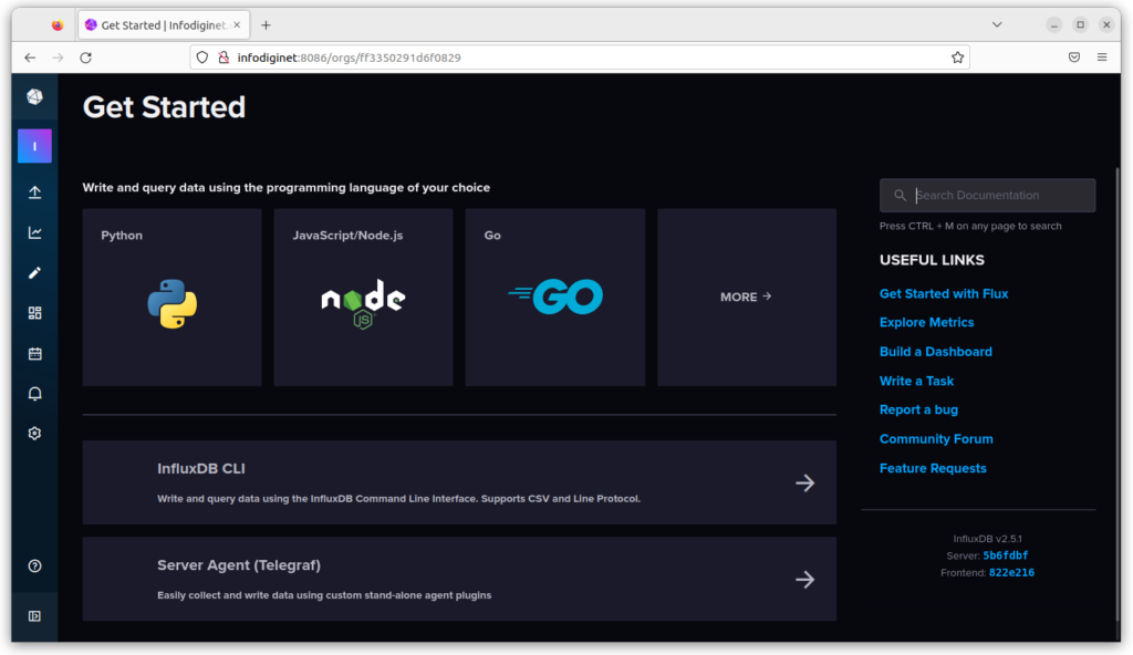 influxDB v2.5.1 setting up