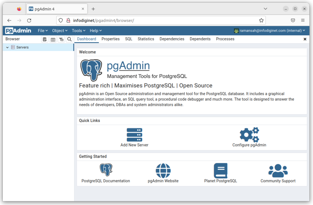 pgAdmin4 web interface main front end menu.